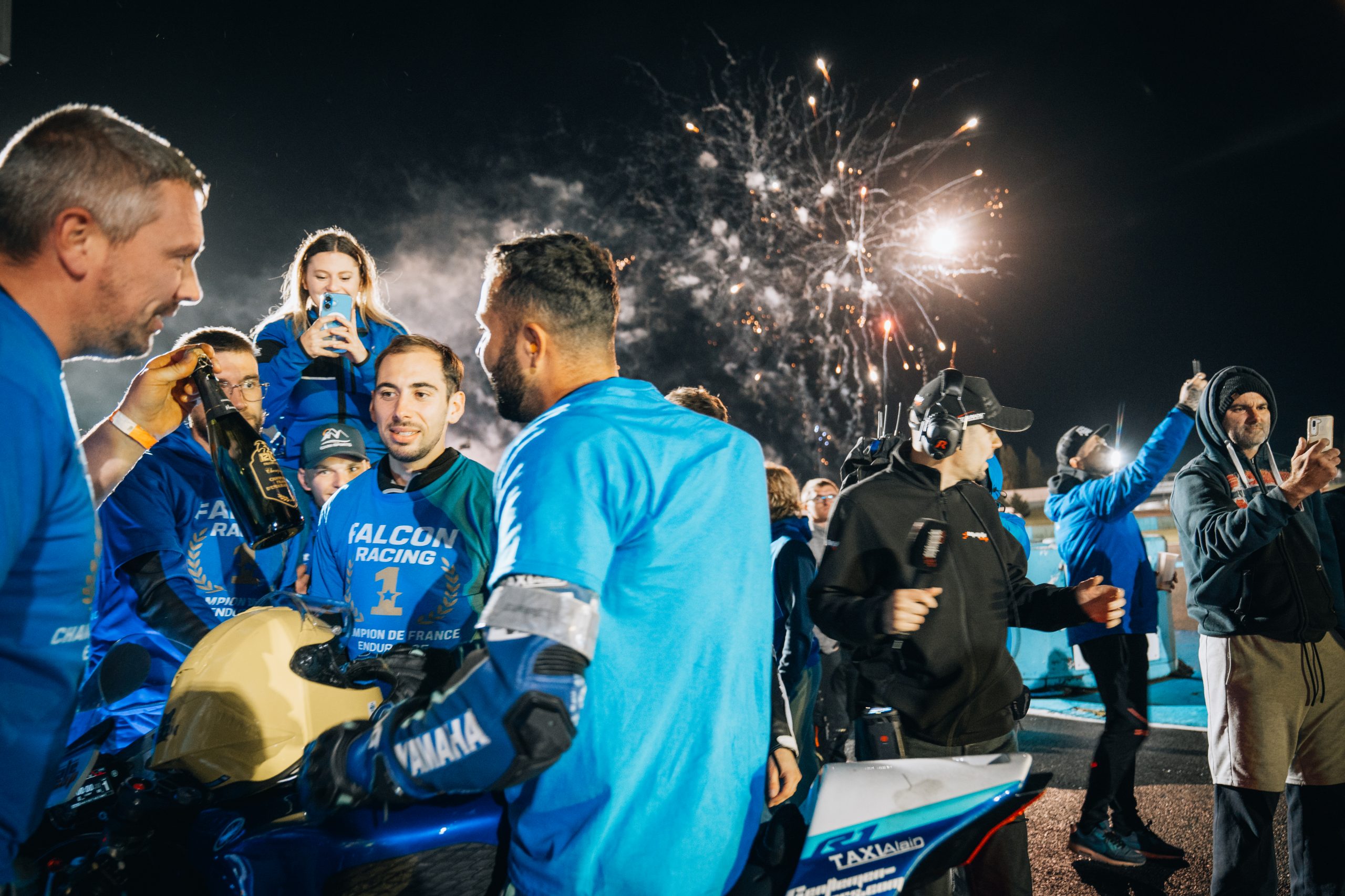 Finish of the 2025 French Endurance Championship final at Magny Cours, with fireworks in the background.